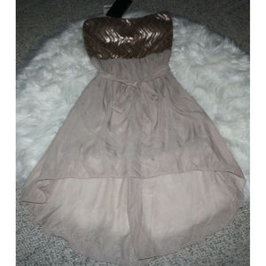 Almost Famous Womens Strapless Dress Size Medium Gold Pleated Hi Lo with Sequins